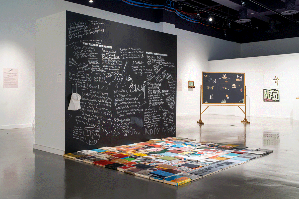 A Chalkboard Covered in Writing Stands in The Middle Of A Gallery